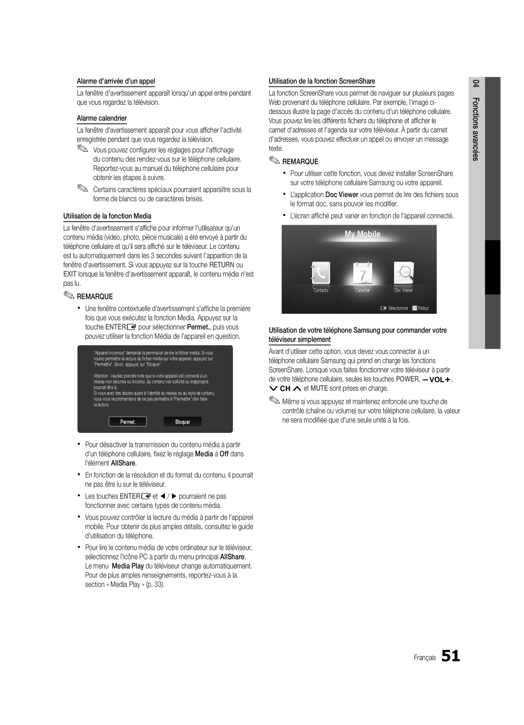 Samsung UC6500-ZC, BN68-02711B-04 user manual Alarme darrivée dun appel, Alarme calendrier, Utilisation de la fonction Media 