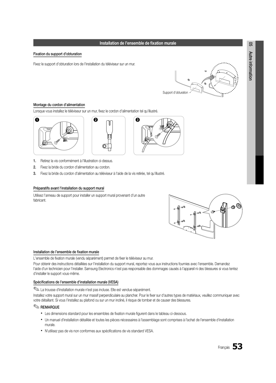 Samsung UC6500-ZC, BN68-02711B-04 user manual Installation de l’ensemble de fixation murale, Support dobturation 