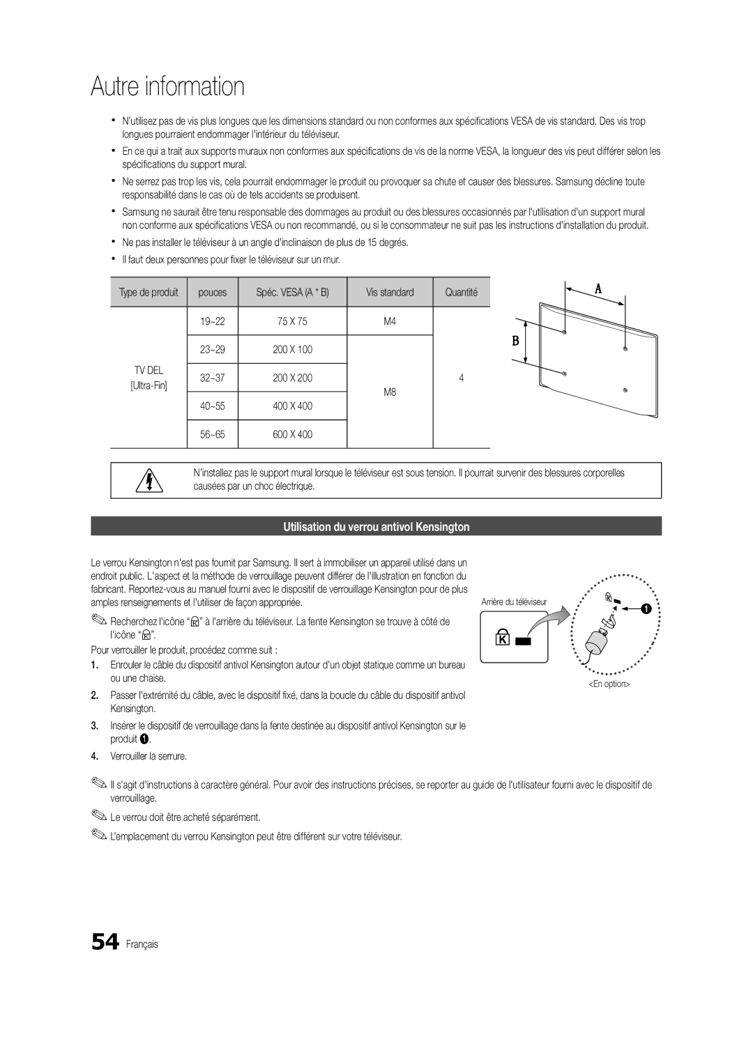 Samsung BN68-02711B-04, UC6500-ZC user manual Utilisation du verrou antivol Kensington, Pouces, Vis standard Quantité 