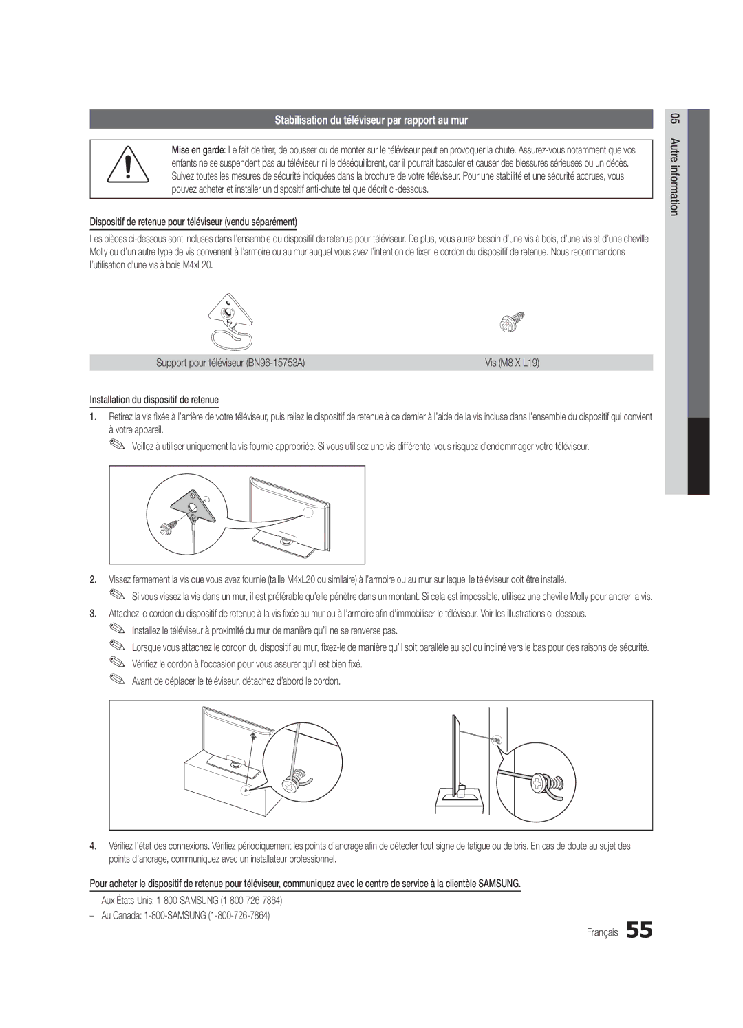 Samsung UC6500-ZC, BN68-02711B-04 user manual Stabilisation du téléviseur par rapport au mur 