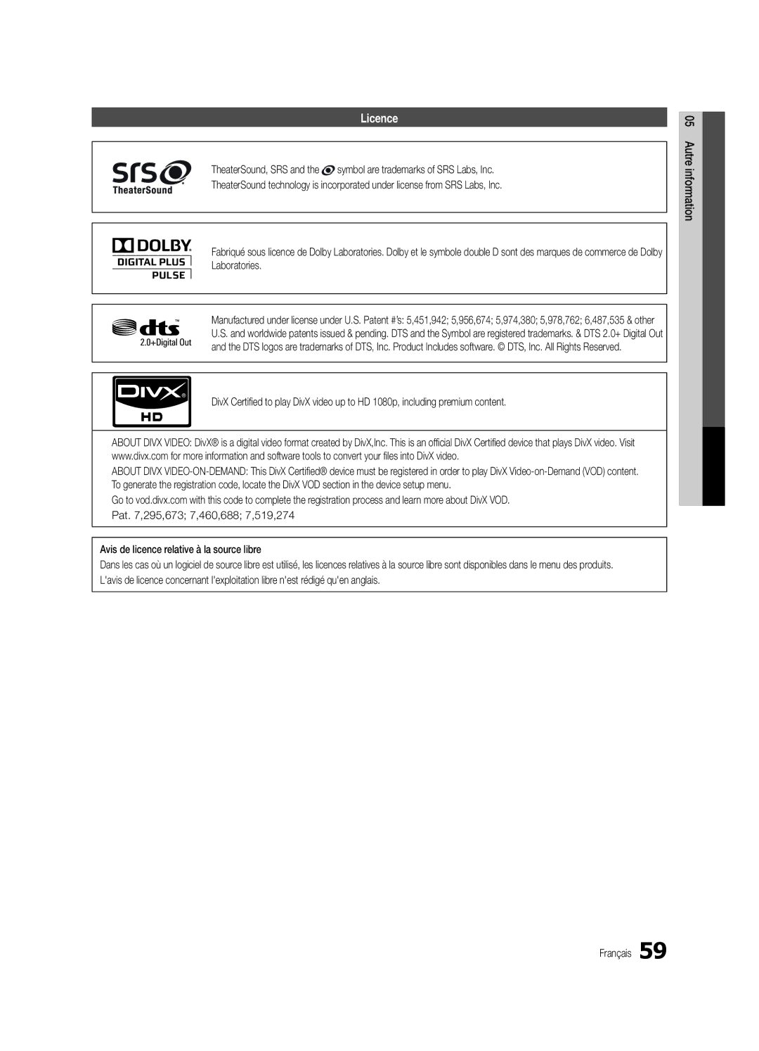 Samsung UC6500-ZC, BN68-02711B-04 user manual Licence, Avis de licence relative à la source libre 