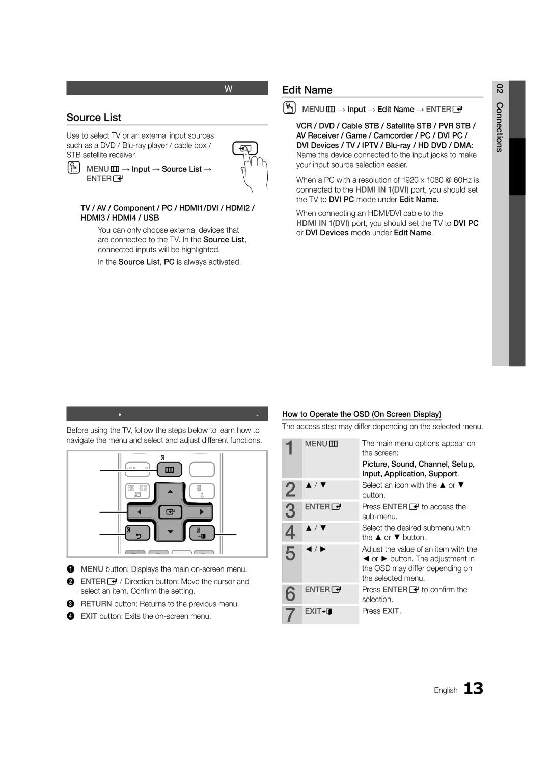 Samsung UC6500-ZC, BN68-02711B-04 Basic Features, Source List, Edit Name, Changing the Input Source, How to Navigate Menus 