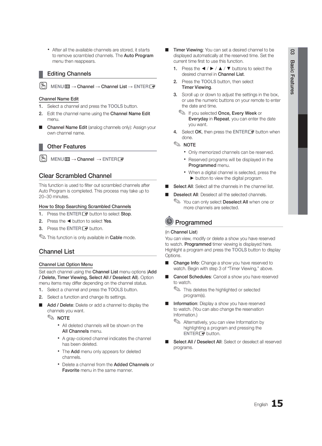 Samsung UC6500-ZC Clear Scrambled Channel, Programmed, Editing Channels, Other Features, Channel List Option Menu 