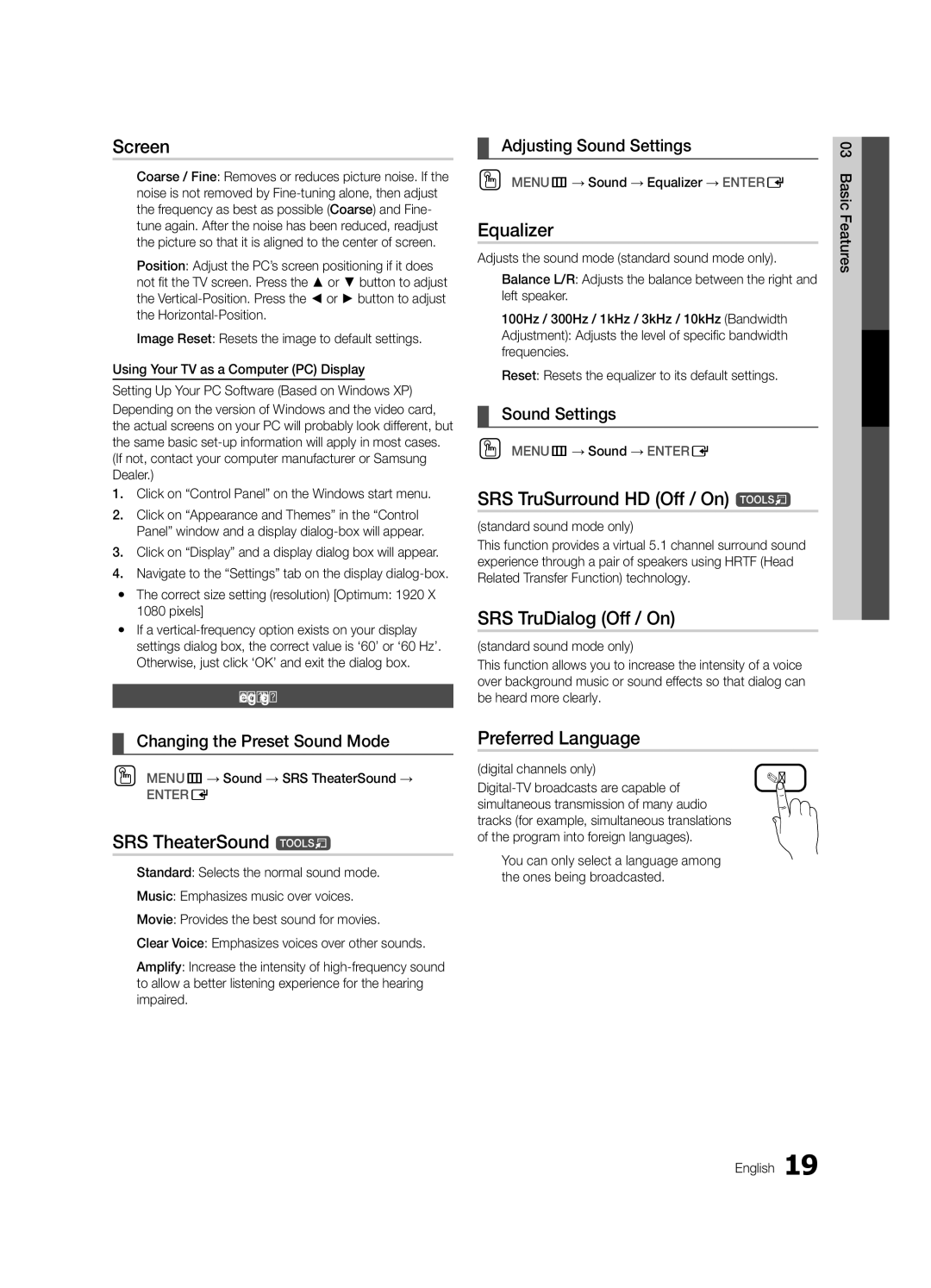 Samsung UC6500-ZC user manual Screen, Equalizer, SRS TruSurround HD Off / On t, SRS TruDialog Off / On, SRS TheaterSound t 