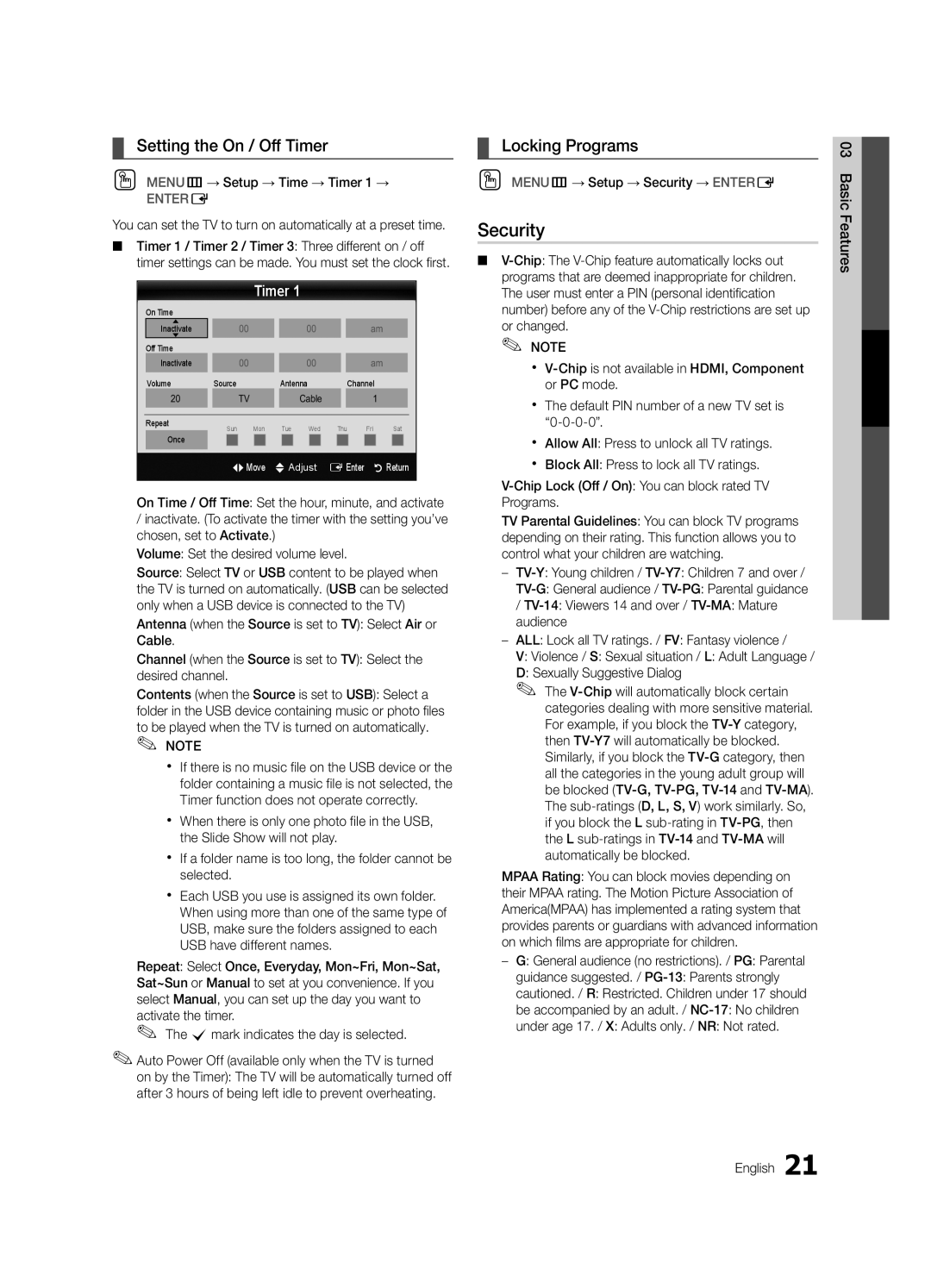 Samsung UC6500-ZC, BN68-02711B-04 user manual Security, Setting the On / Off Timer, OO MENUm→ Setup → Time → Timer 1 → 