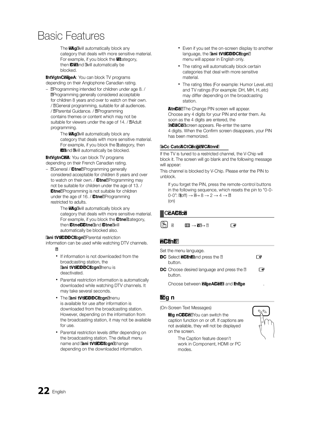 Samsung BN68-02711B-04, UC6500-ZC user manual Menu Language, Caption 