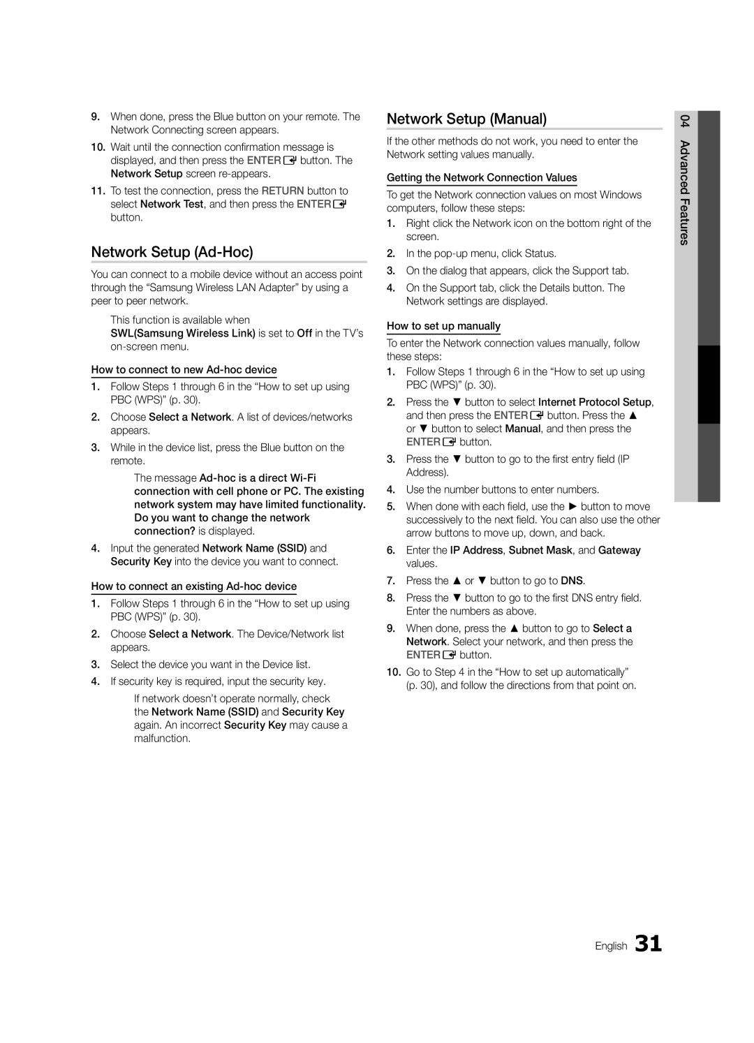 Samsung UC6500-ZC, BN68-02711B-04 user manual Network Setup Ad-Hoc, 04Features Advanced English 