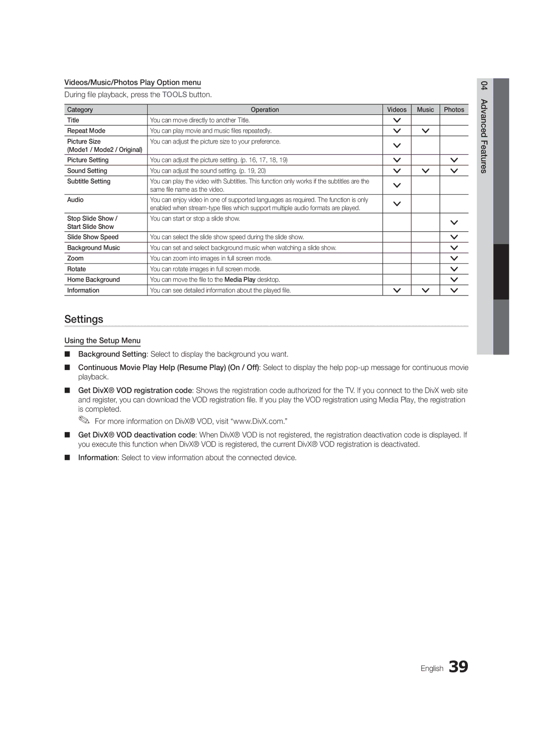 Samsung UC6500-ZC, BN68-02711B-04 user manual Settings, Same file name as the video Audio 