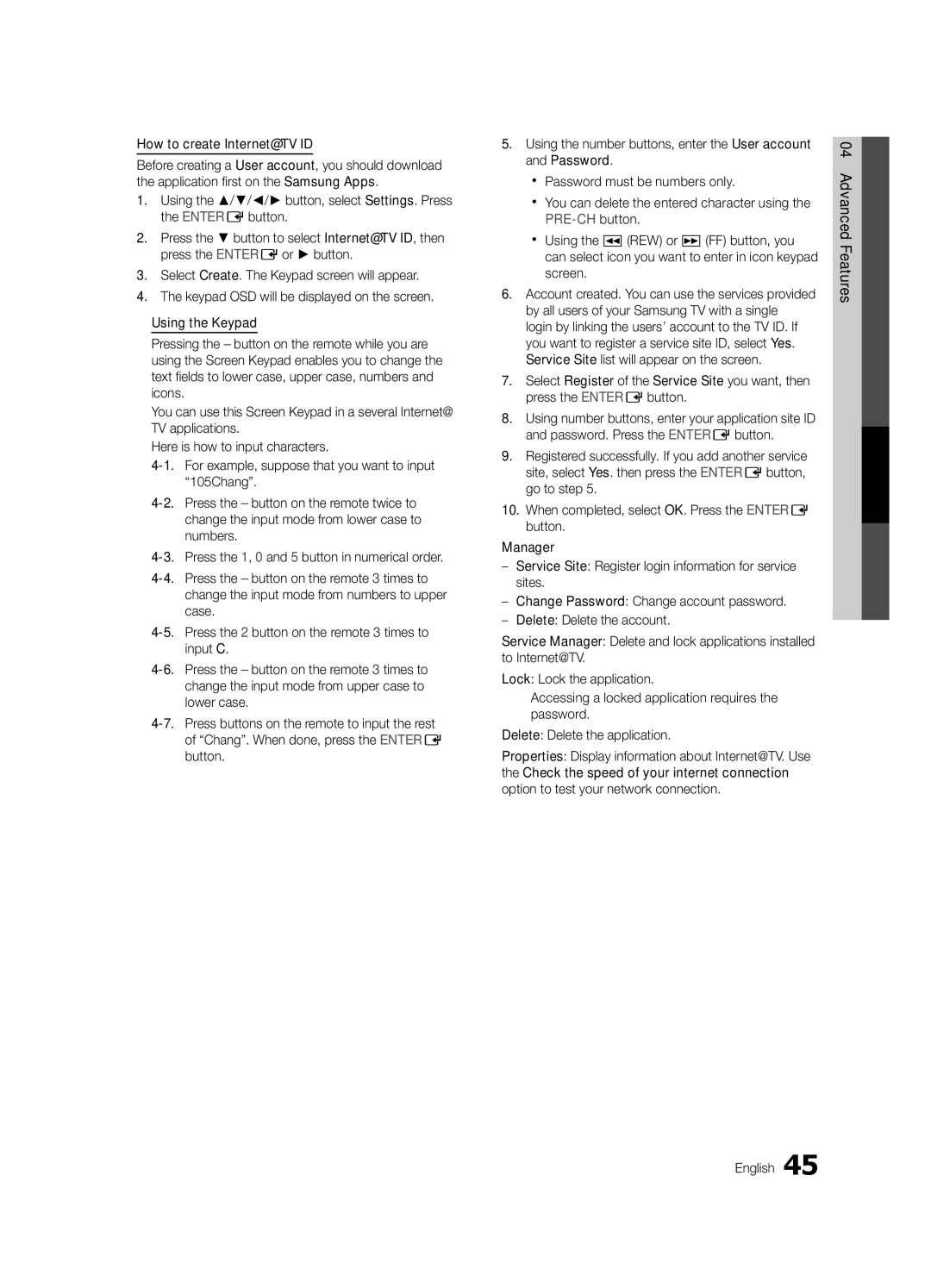 Samsung UC6500-ZC, BN68-02711B-04 user manual How to create Internet@TV ID, 04Features Advanced English 