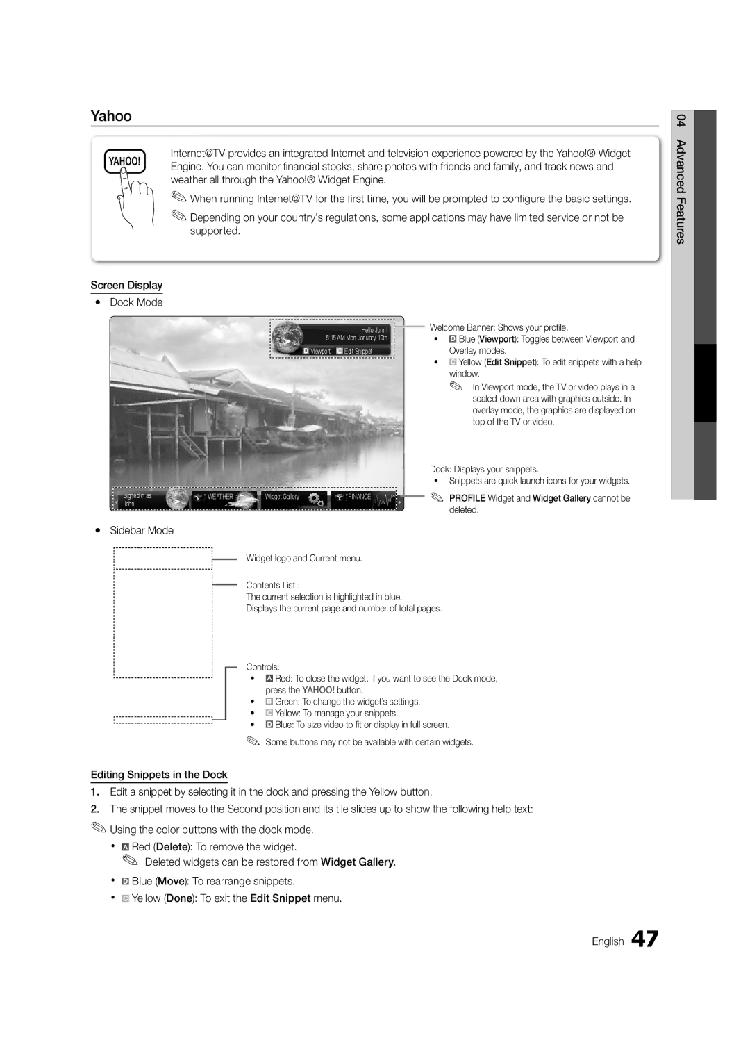 Samsung UC6500-ZC, BN68-02711B-04 user manual Yahoo, Sidebar Mode 