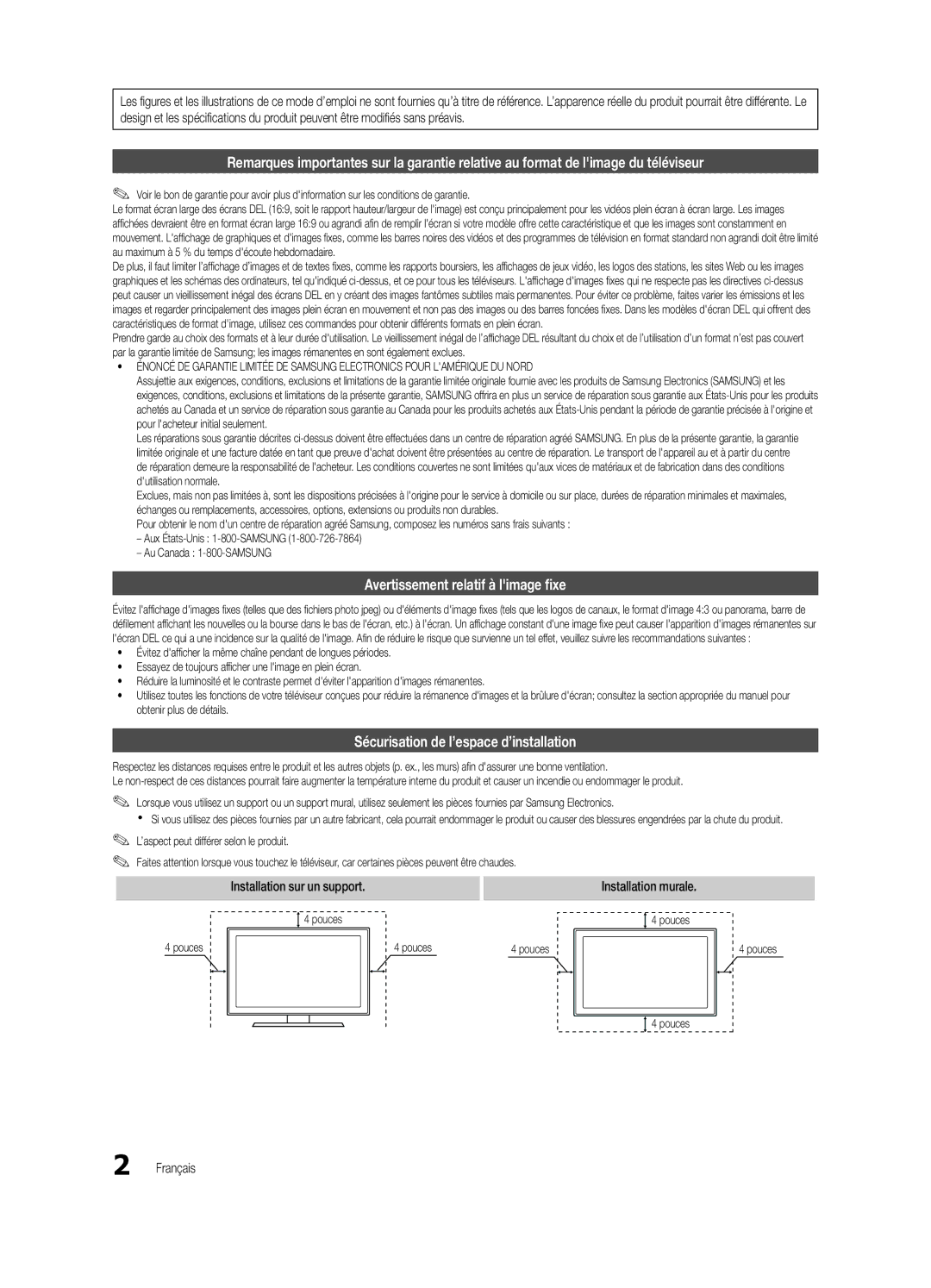 Samsung BN68-02711B-04 Avertissement relatif à limage fixe, Sécurisation de l’espace d’installation, Français, Pouces 