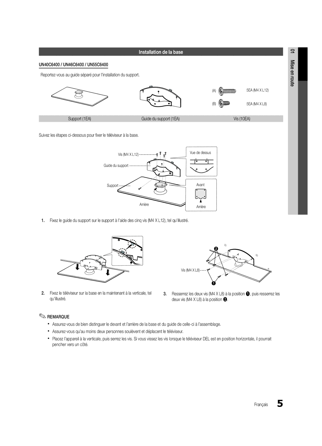 Samsung UC6500-ZC user manual Installation de la base, Vis M4 X L12, Guide du support Support, ArrièreArrière, Vis M4 X L8 