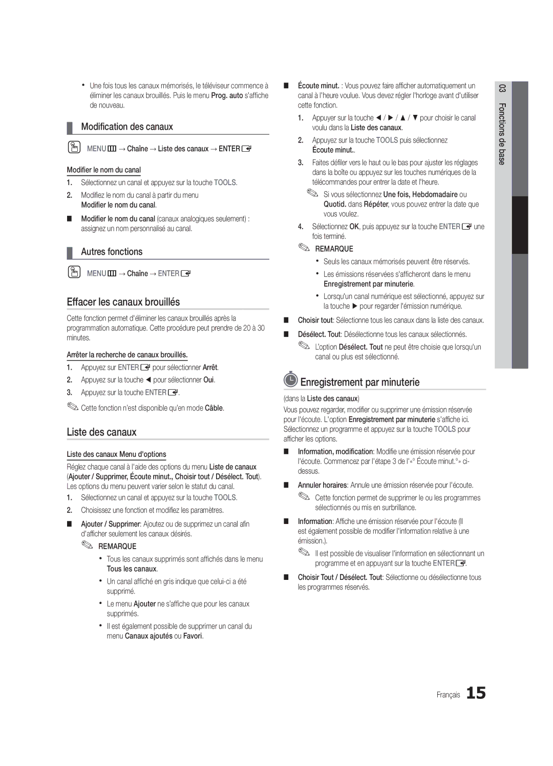 Samsung UC6500-ZC Effacer les canaux brouillés, Enregistrement par minuterie, Modification des canaux, Autres fonctions 