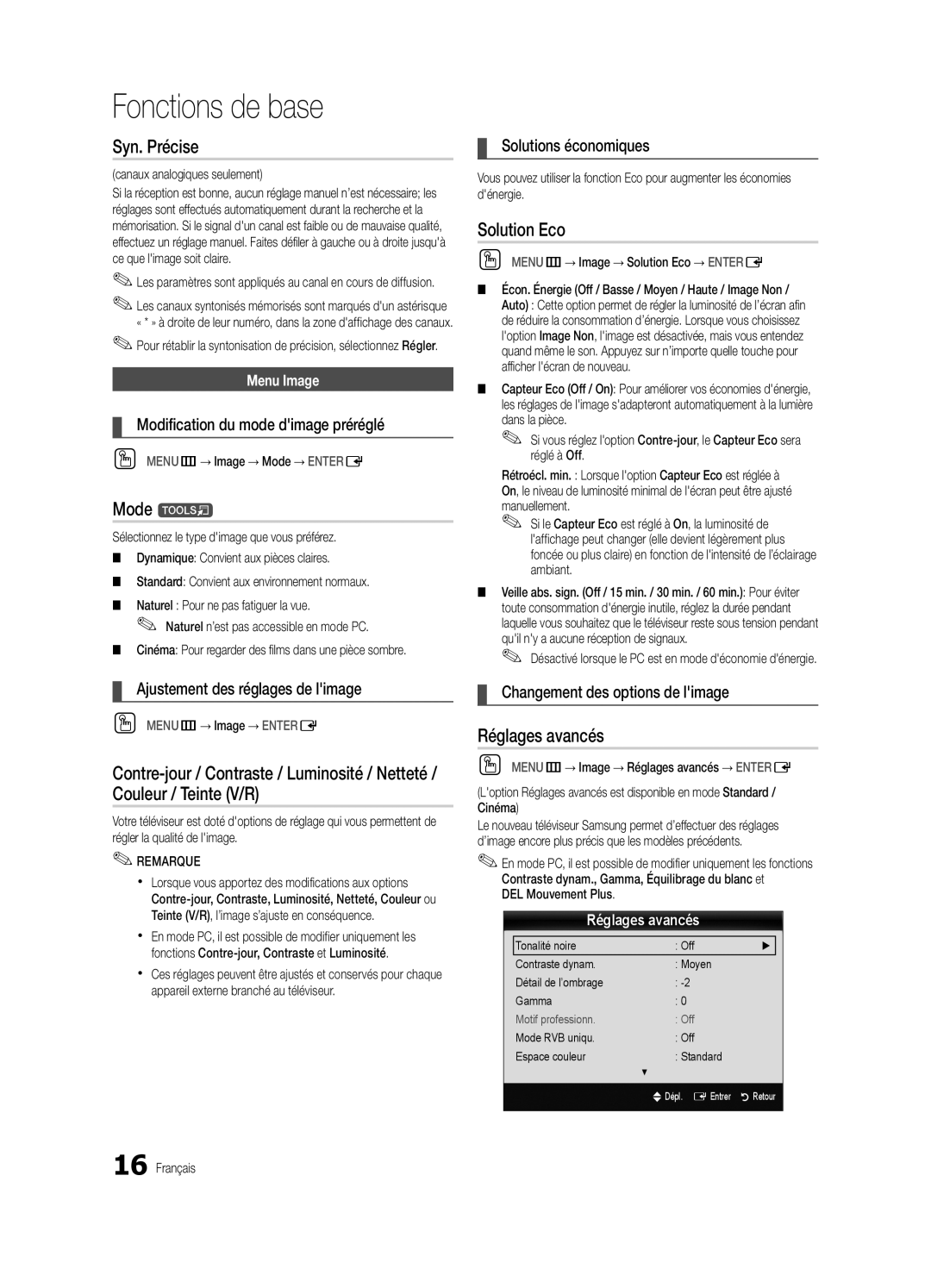 Samsung BN68-02711B-04, UC6500-ZC user manual Syn. Précise, Solution Eco, Réglages avancés 