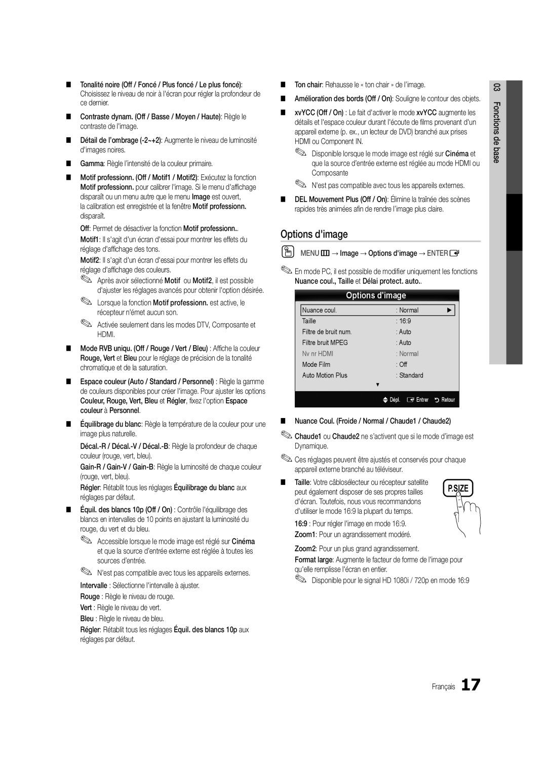 Samsung UC6500-ZC, BN68-02711B-04 user manual Options dimage, Activée seulement dans les modes DTV, Composante et Hdmi 