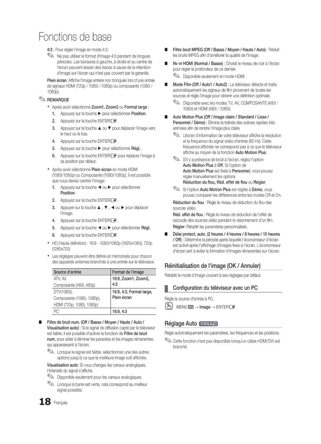 Samsung BN68-02711B-04 Réinitialisation de limage OK / Annuler, Réglage Auto t, Configuration du téléviseur avec un PC 