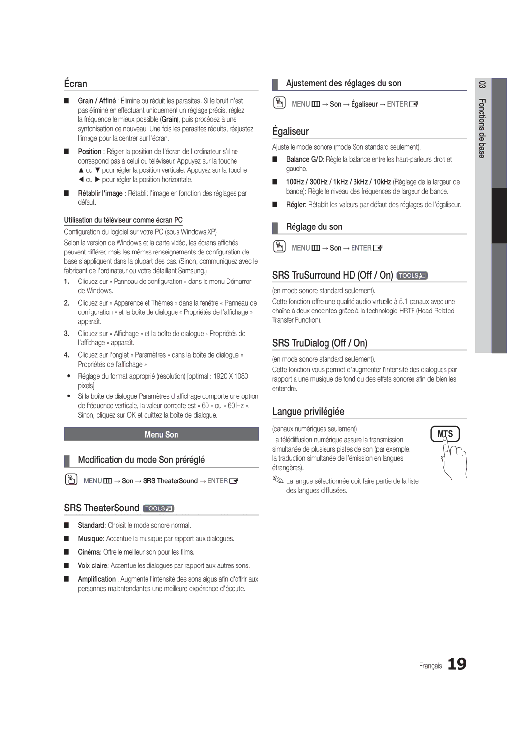 Samsung UC6500-ZC, BN68-02711B-04 user manual Écran, Égaliseur, Langue privilégiée 