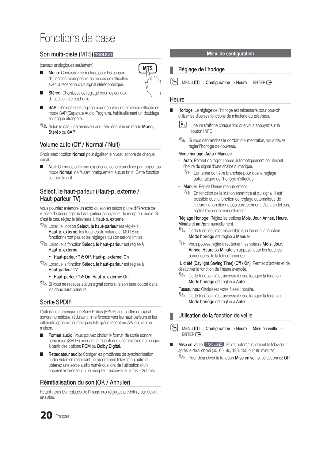 Samsung BN68-02711B-04, UC6500-ZC user manual Son multi-piste MTSt, Volume auto Off / Normal / Nuit, Sortie Spdif, Heure 