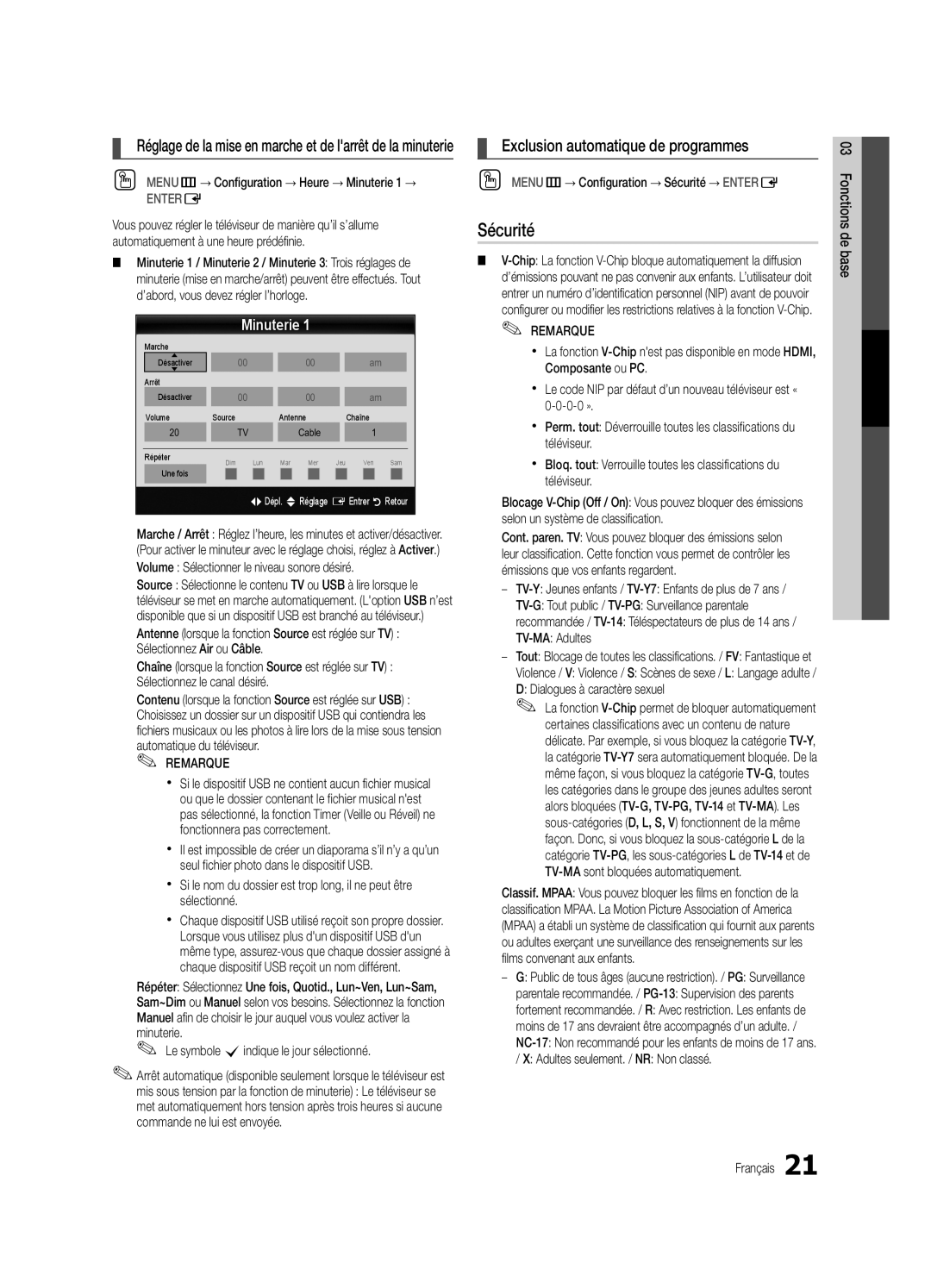 Samsung UC6500-ZC Sécurité, Minuterie, Volume Sélectionner le niveau sonore désiré, Dialogues à caractère sexuel 