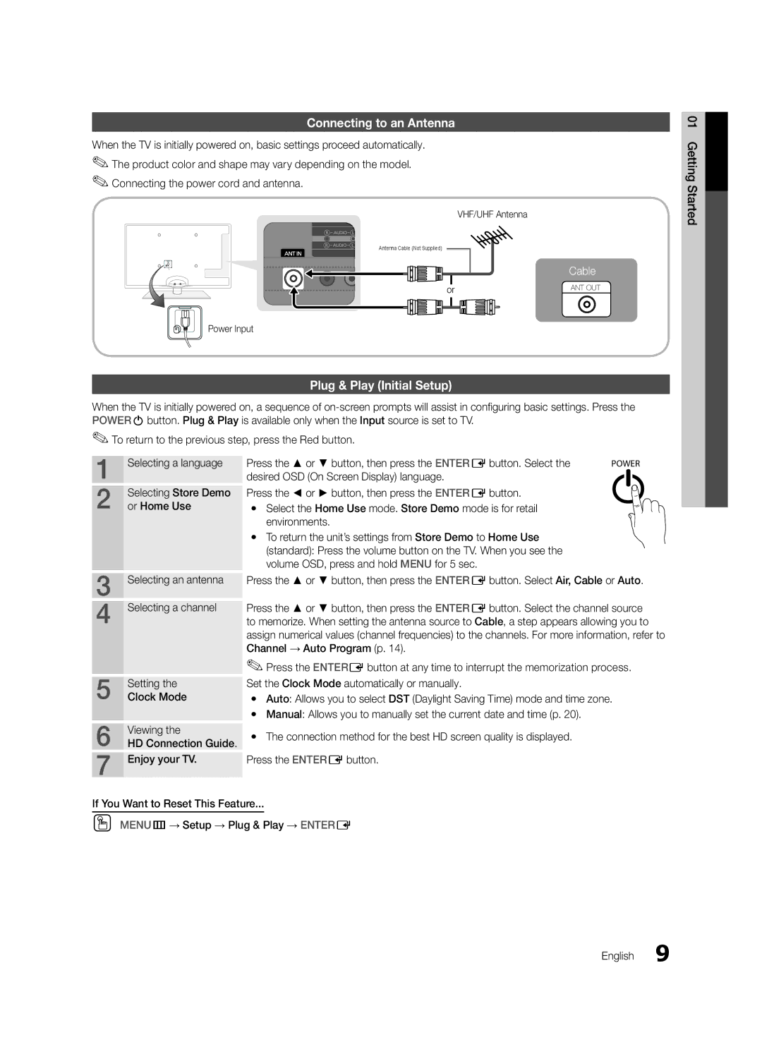 Samsung UC6500-ZC, BN68-02711B-04 user manual Connecting to an Antenna, Plug & Play Initial Setup, Power Input 