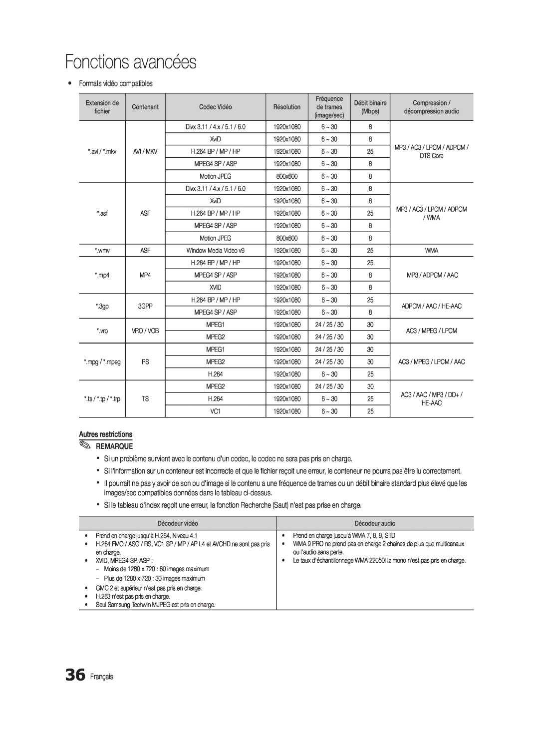 Samsung BN68-02711B-04, UC6500-ZC user manual Fonctions avancées, yy Formats vidéo compatibles 