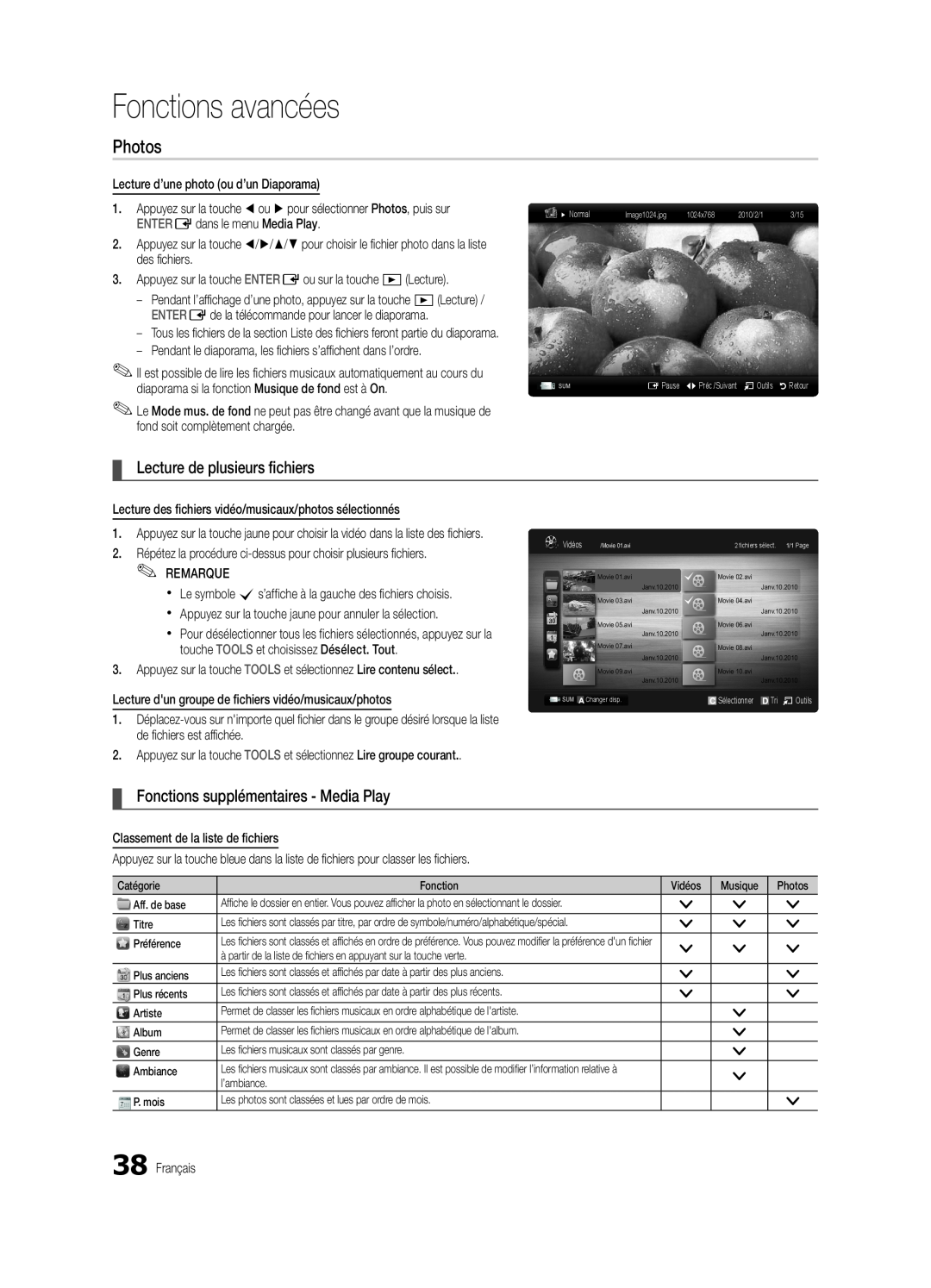 Samsung BN68-02711B-04 Lecture de plusieurs fichiers, Fonctions supplémentaires - Media Play, Fonctions avancées, Photos 