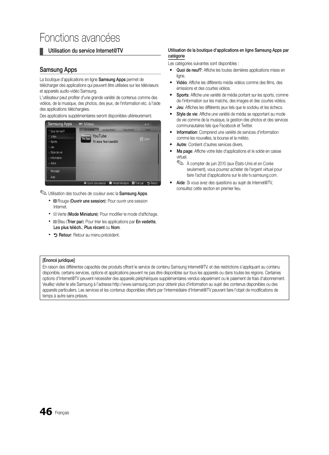 Samsung BN68-02711B-04, UC6500-ZC user manual Utilisation du service Internet@TV, Fonctions avancées, Samsung Apps 