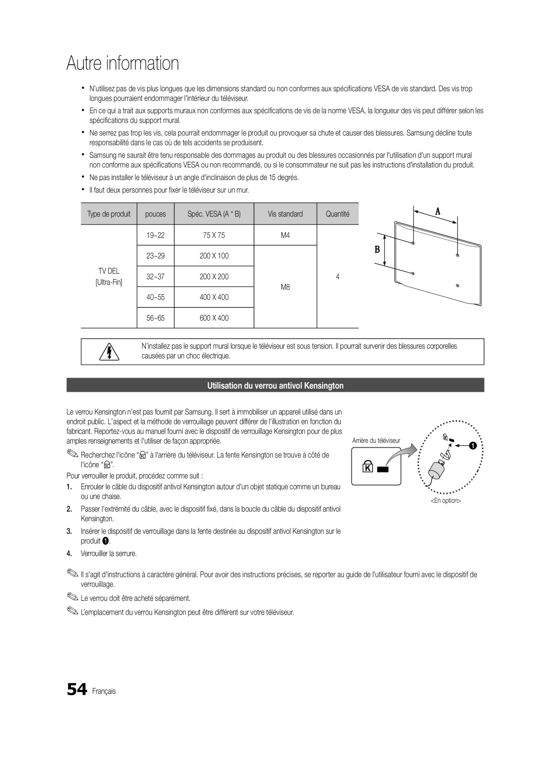 Samsung BN68-02711B-04, UC6500-ZC user manual Utilisation du verrou antivol Kensington, Autre information 