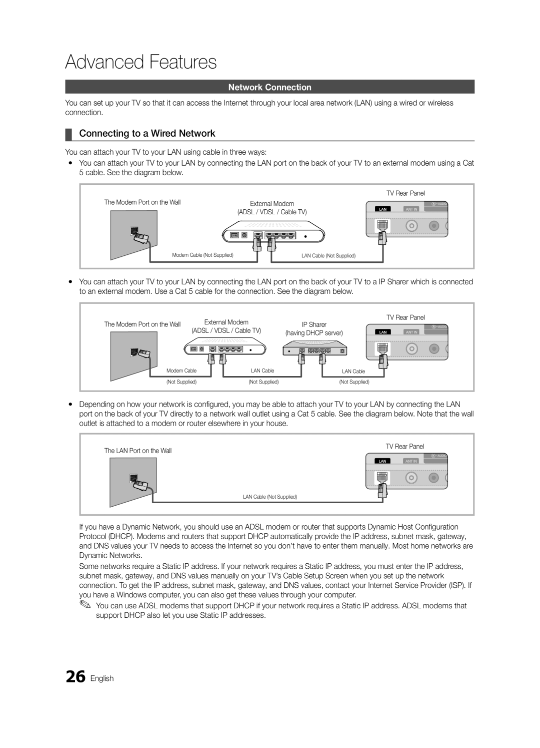 Samsung BN68-02711B-04, UC6500-ZC user manual Advanced Features, Connecting to a Wired Network, Network Connection 