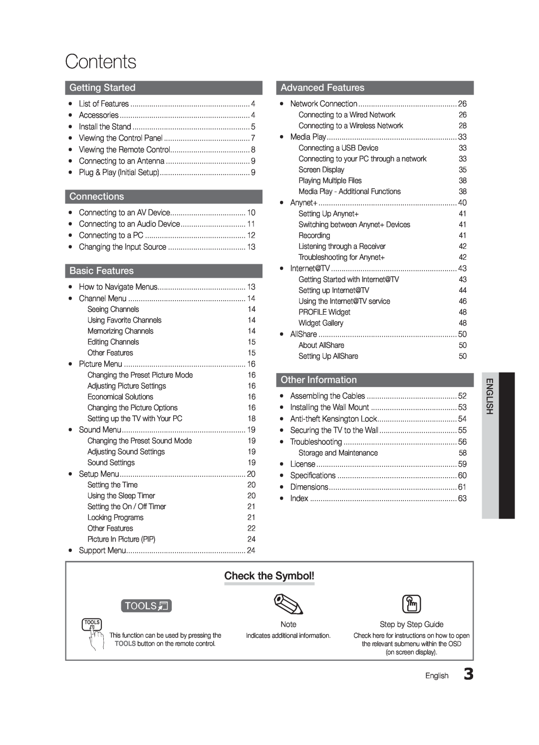 Samsung UC6500-ZC user manual Contents, Check the Symbol, Getting Started, Connections, Basic Features, Advanced Features 