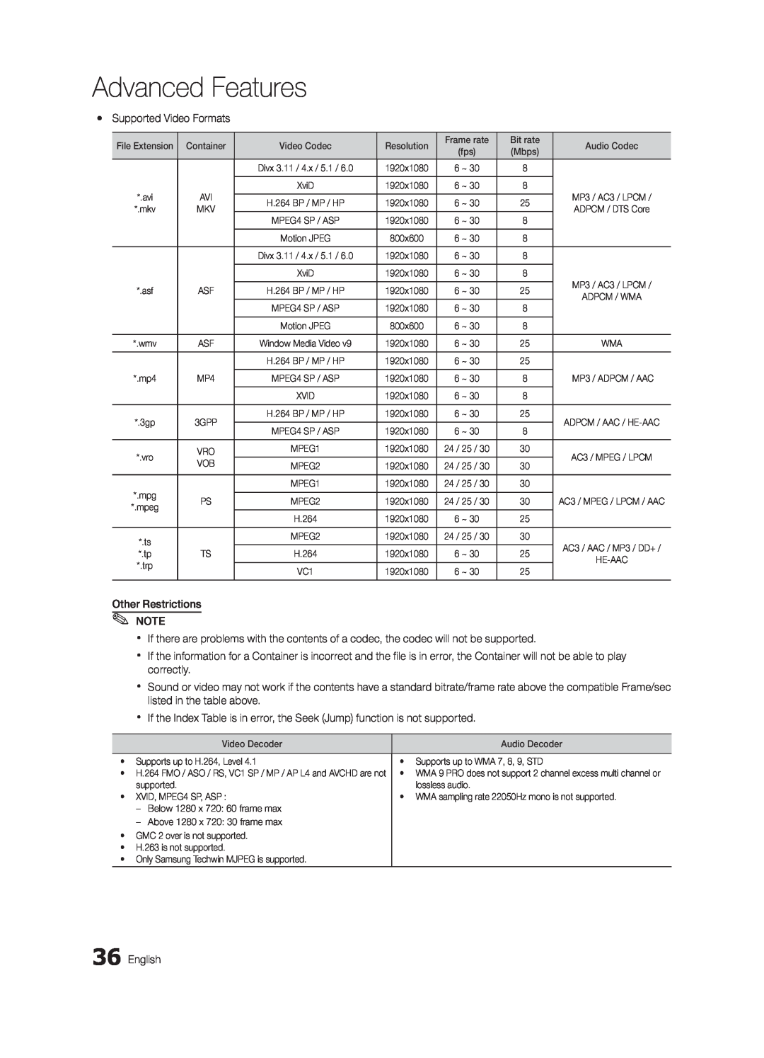 Samsung BN68-02711B-04, UC6500-ZC user manual Advanced Features, yy Supported Video Formats 