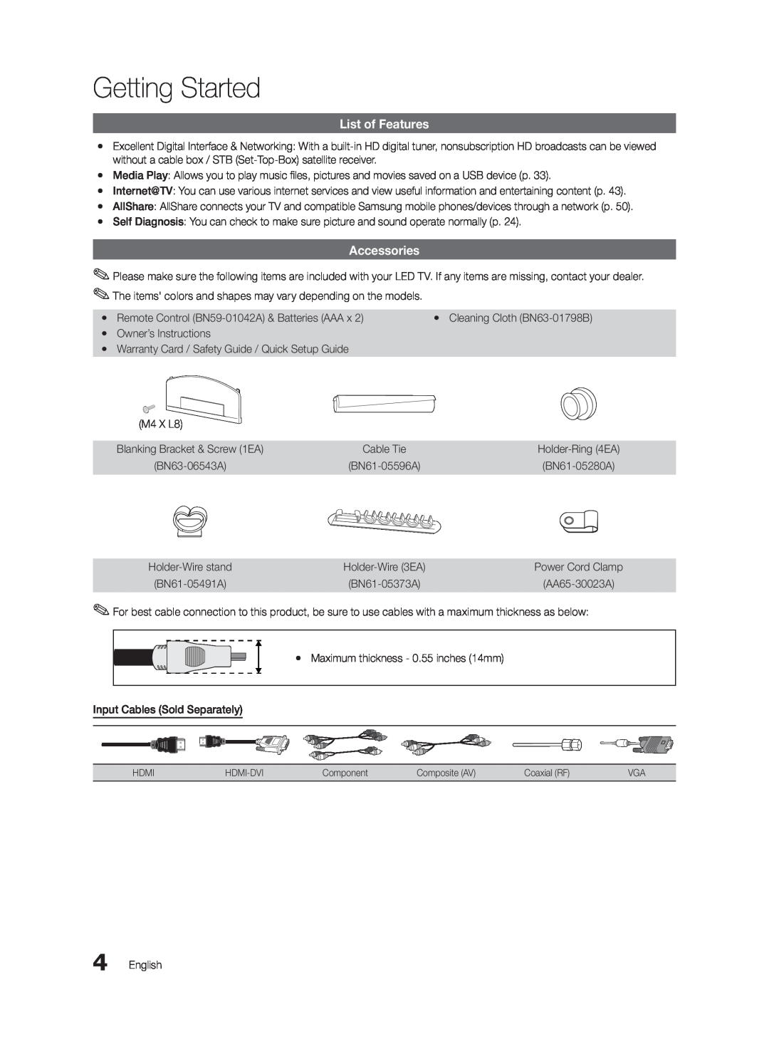 Samsung BN68-02711B-04, UC6500-ZC user manual Getting Started, List of Features, Accessories 
