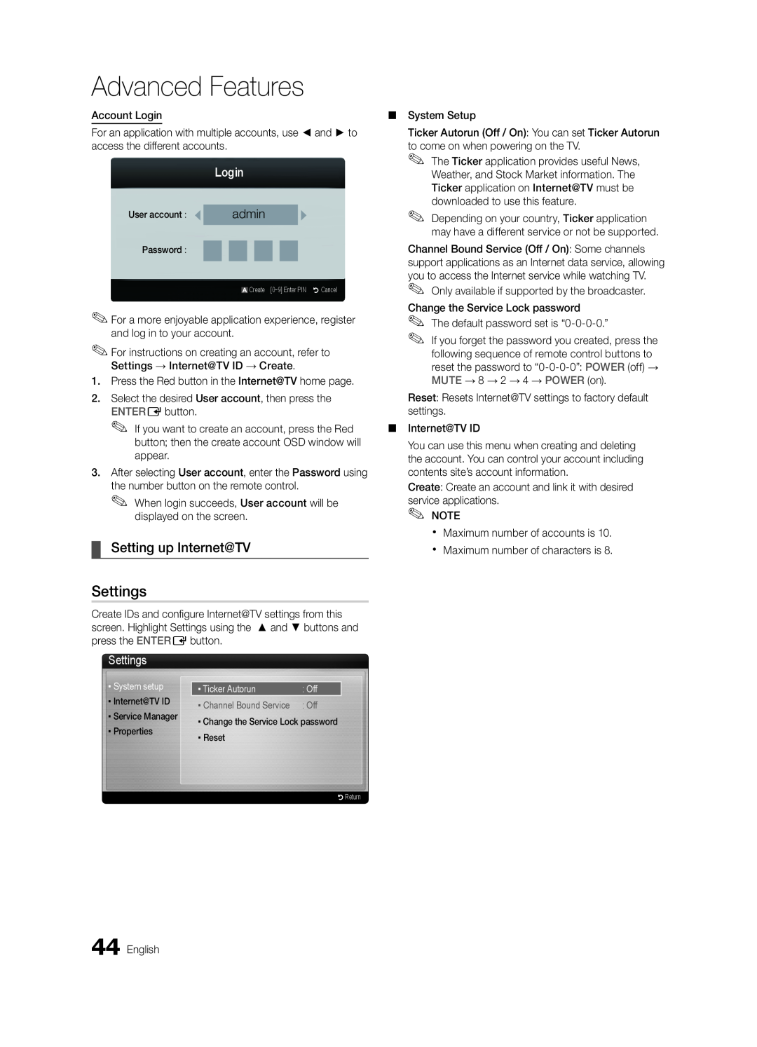 Samsung BN68-02711B-04, UC6500-ZC user manual Setting up Internet@TV, Login, admin, Settings, Advanced Features 