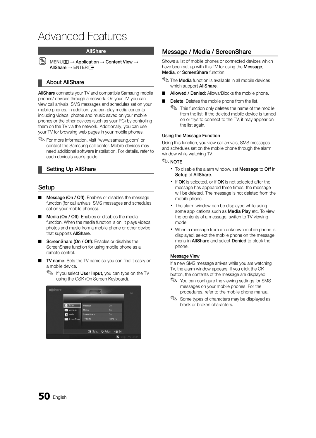 Samsung BN68-02711B-04 Setup, Message / Media / ScreenShare, About AllShare, Setting Up AllShare, Advanced Features 