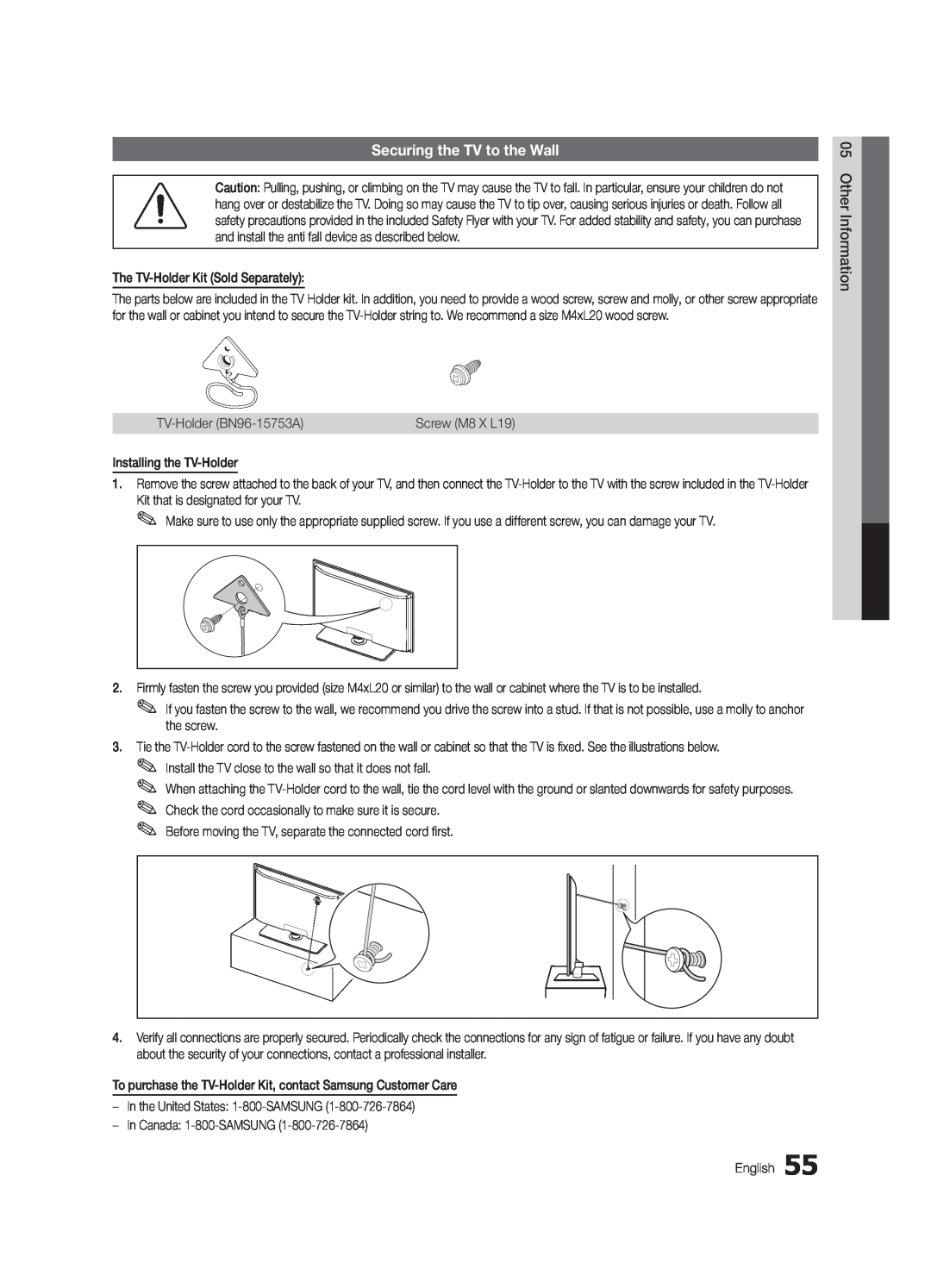Samsung UC6500-ZC, BN68-02711B-04 user manual Securing the TV to the Wall 