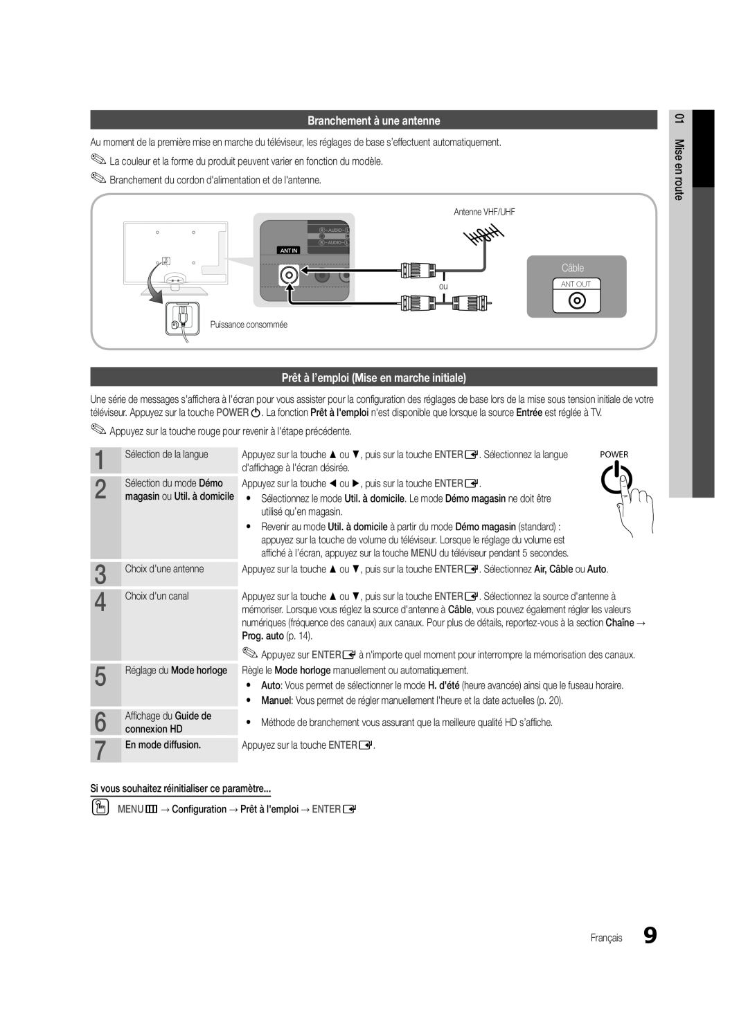 Samsung UC6500-ZC Branchement à une antenne, Prêt à l’emploi Mise en marche initiale, Câble, Sélection de la langue 