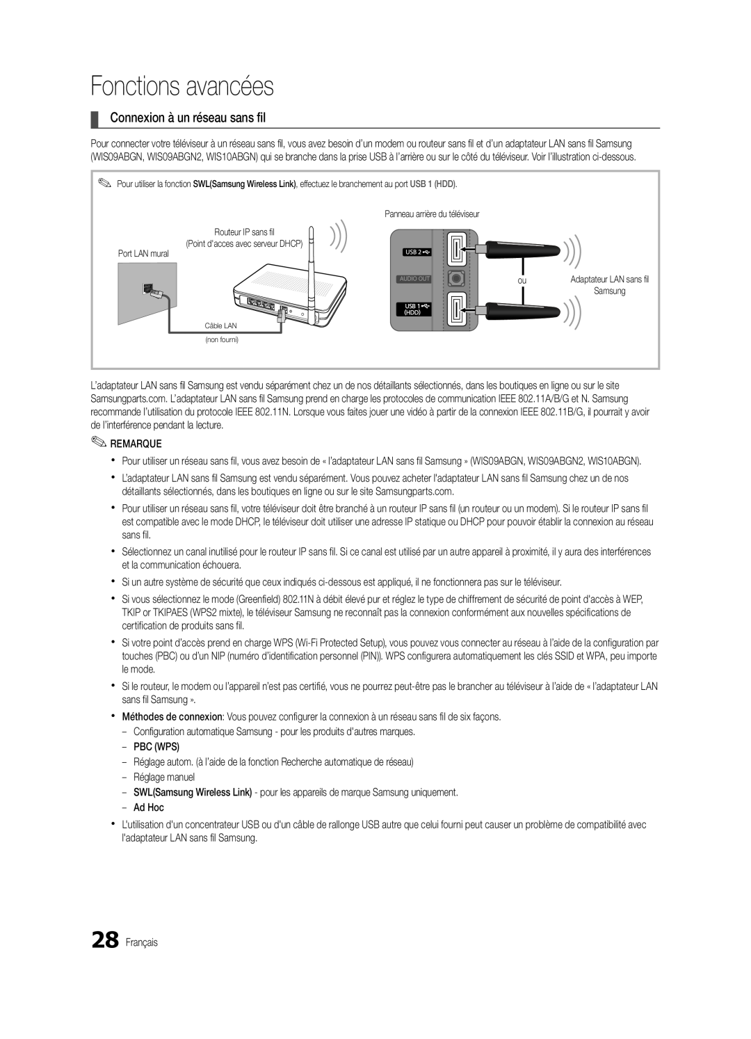 Samsung BN68-02711B-04, UC6500-ZC user manual Connexion à un réseau sans fil, Fonctions avancées, Adaptateur LAN sans fil 