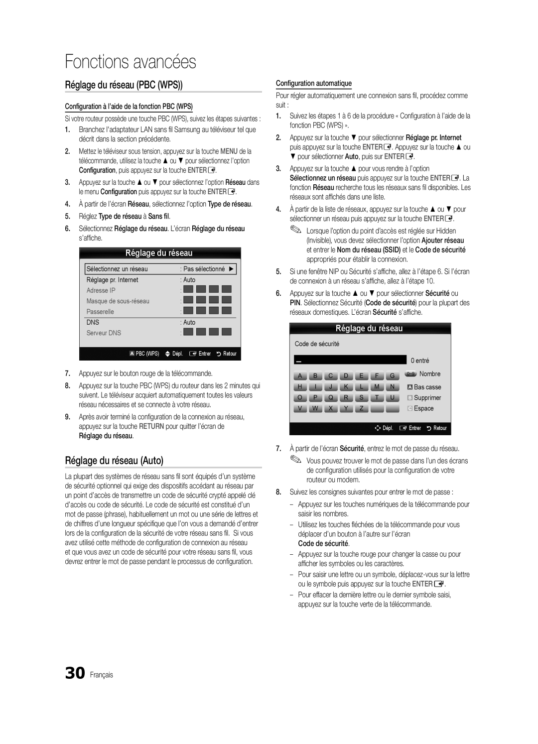 Samsung BN68-02711B-04, UC6500-ZC user manual Réglage du réseau PBC WPS, Fonctions avancées, Réglage du réseau Auto 