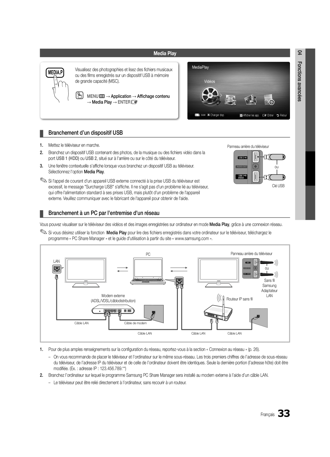 Samsung UC6500-ZC Branchement d’un dispositif USB, Branchement à un PC par lentremise dun réseau, Media.P, Media Play 