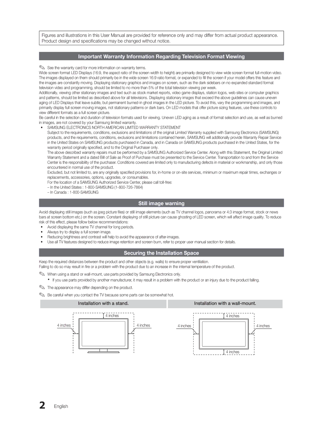 Samsung UN32C6500VF, UC6500-ZA Still image warning, Securing the Installation Space, Installation with a stand, English 