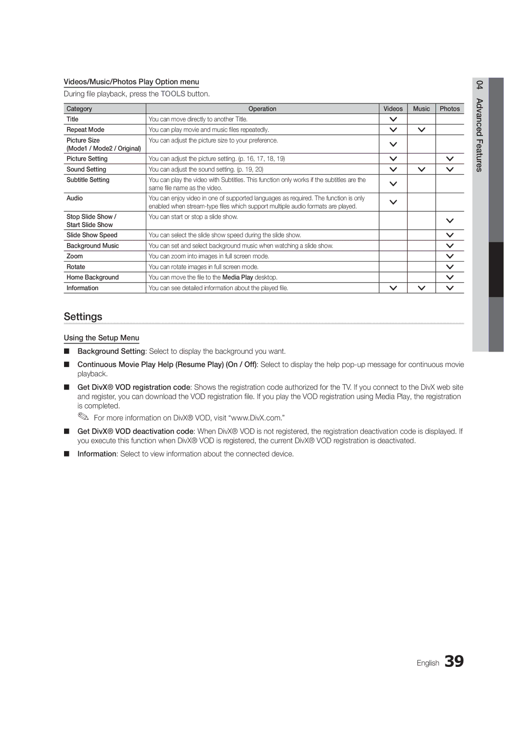 Samsung UN32C6500VFXZA, BN68-02711D-03, UC6500-ZA user manual Settings, Same file name as the video Audio 