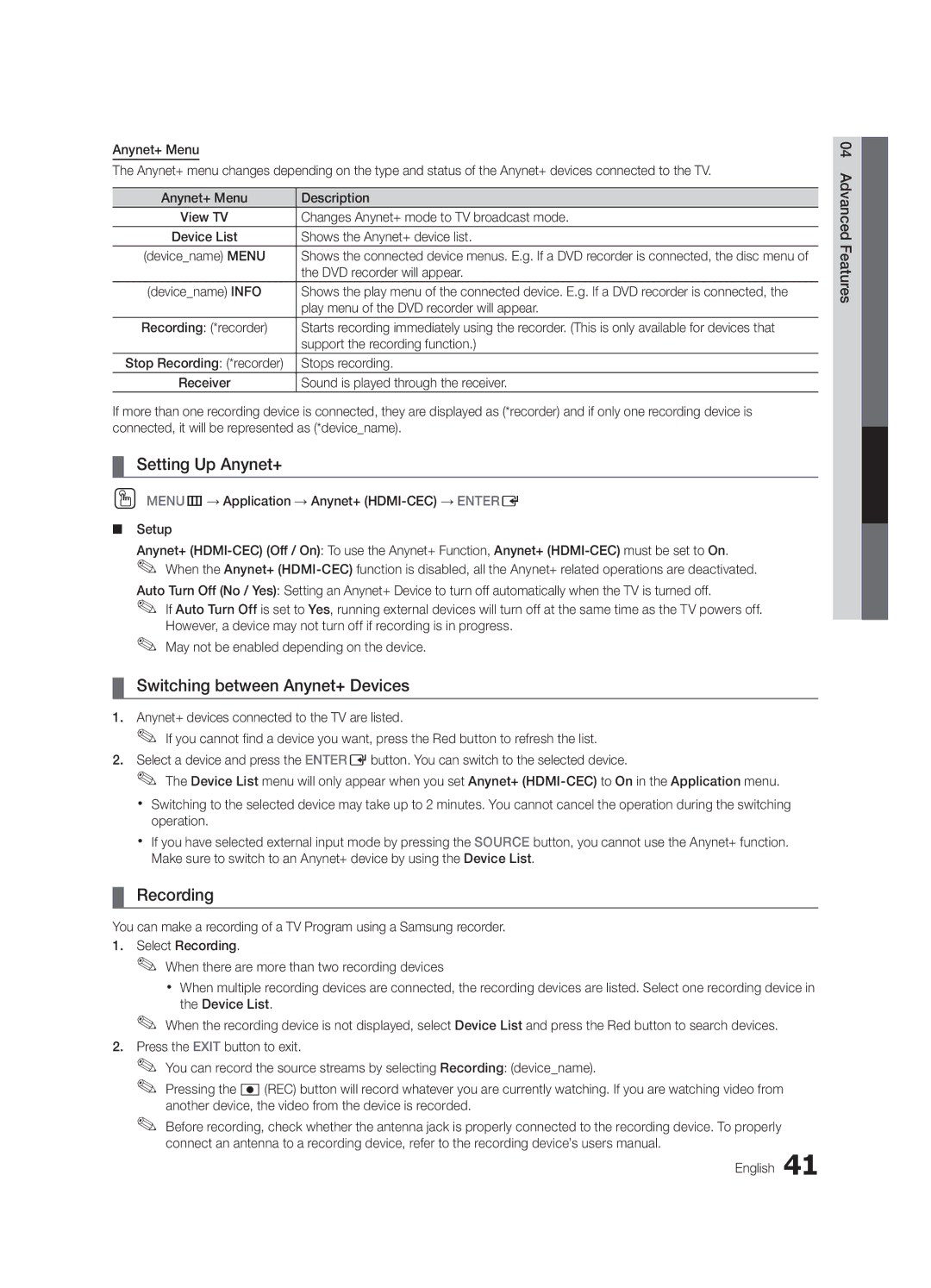 Samsung UC6500-ZA, BN68-02711D-03, UN32C6500VF user manual Setting Up Anynet+, Switching between Anynet+ Devices, Recording 