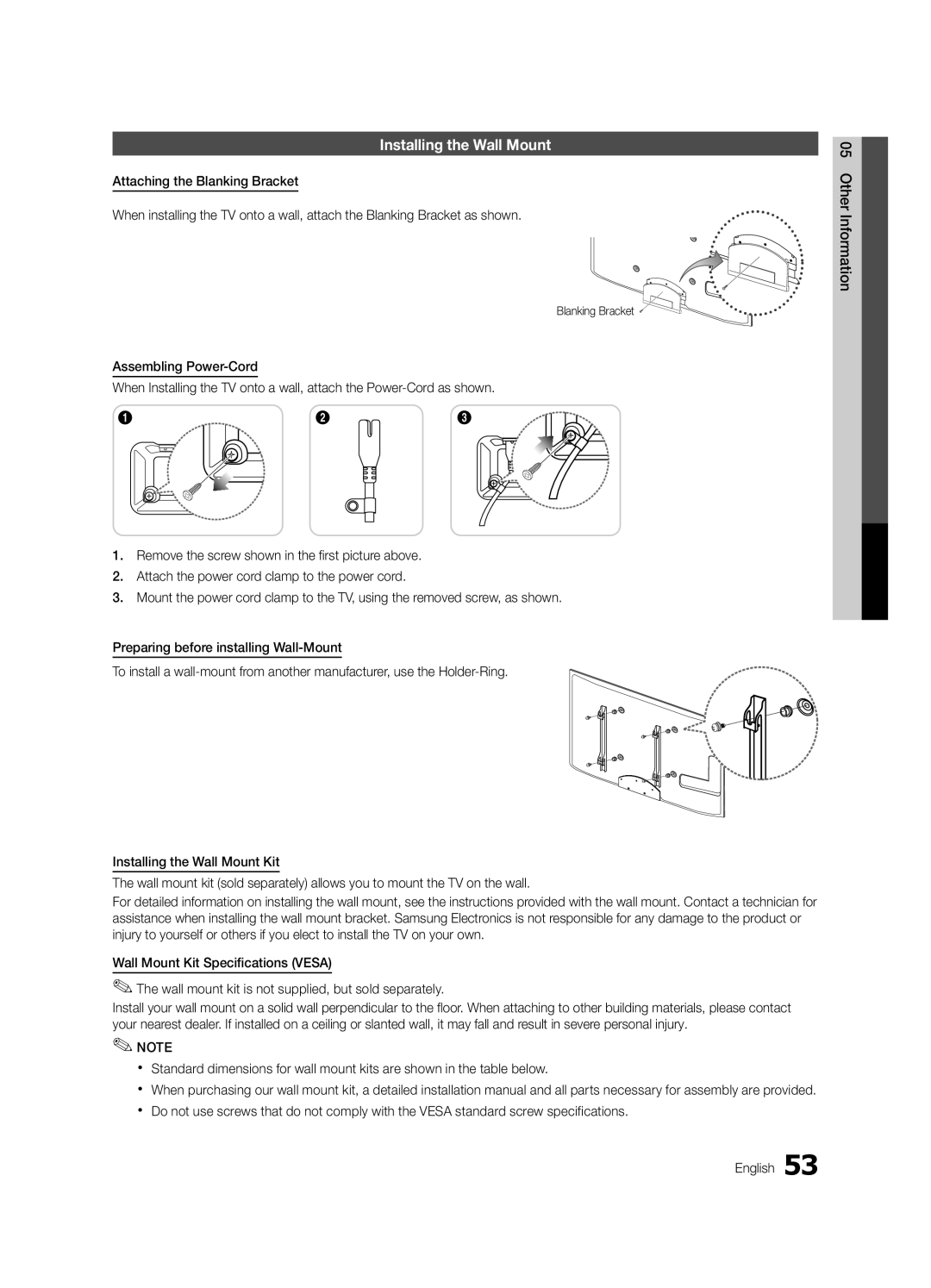 Samsung UC6500-ZA, BN68-02711D-03, UN32C6500VFXZA user manual Installing the Wall Mount, Blanking Bracket 