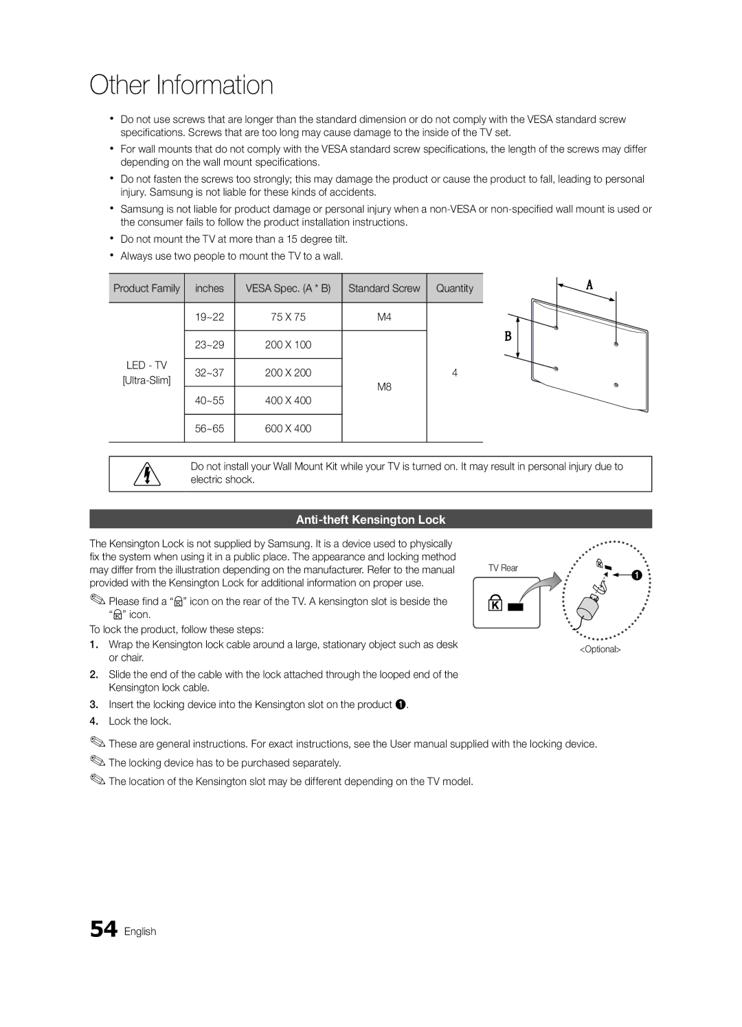 Samsung BN68-02711D-03, UC6500-ZA, UN32C6500VFXZA user manual Anti-theft Kensington Lock 