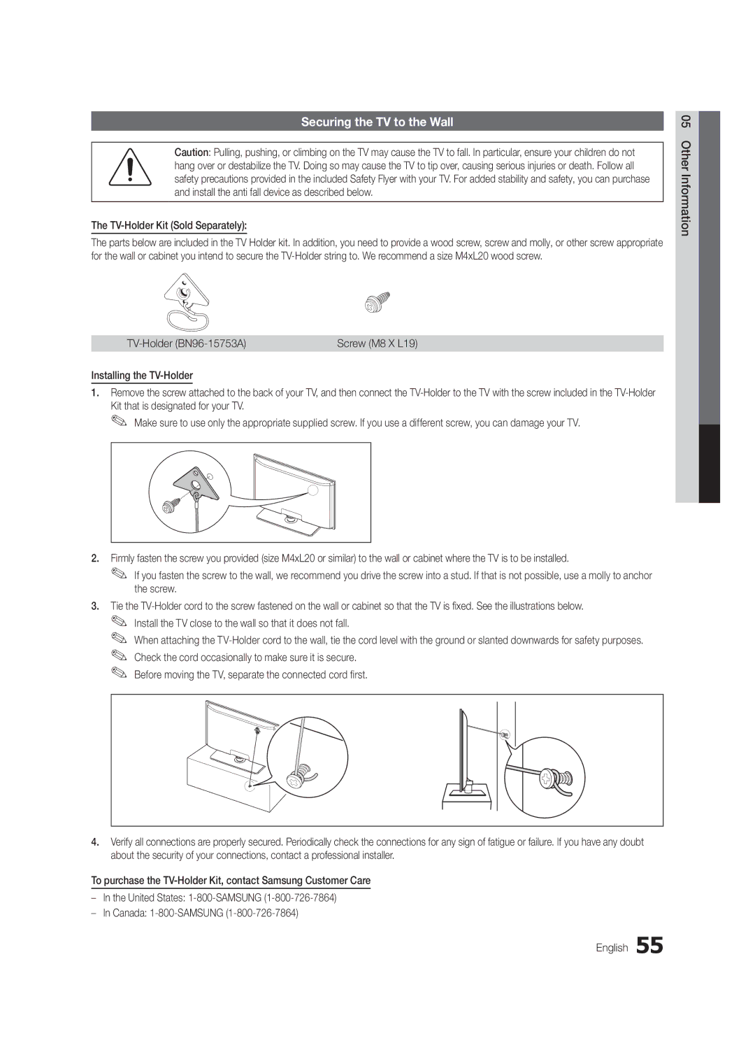 Samsung UN32C6500VFXZA Securing the TV to the Wall, TV-Holder Kit Sold Separately, TV-Holder BN96-15753A, Screw M8 X L19 