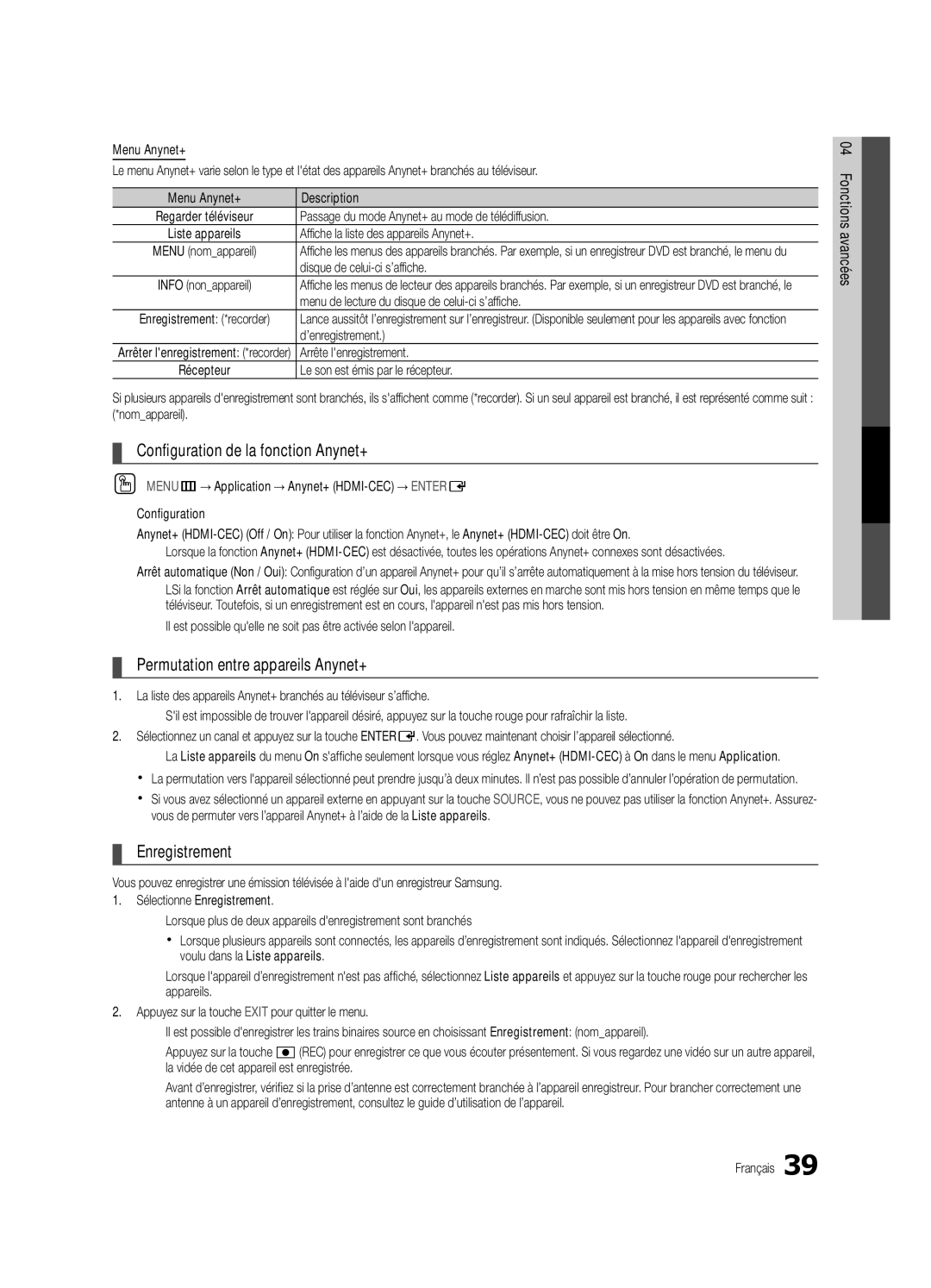 Samsung BN68-02711F-04 Configuration de la fonction Anynet+, Permutation entre appareils Anynet+, Enregistrement 