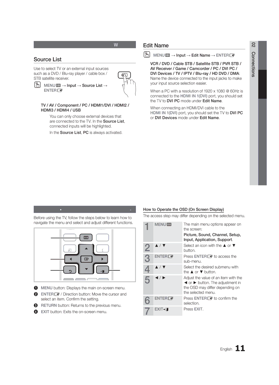 Samsung BN68-02711F-04 user manual Basic Features, Source List, Edit Name, Changing the Input Source, How to Navigate Menus 