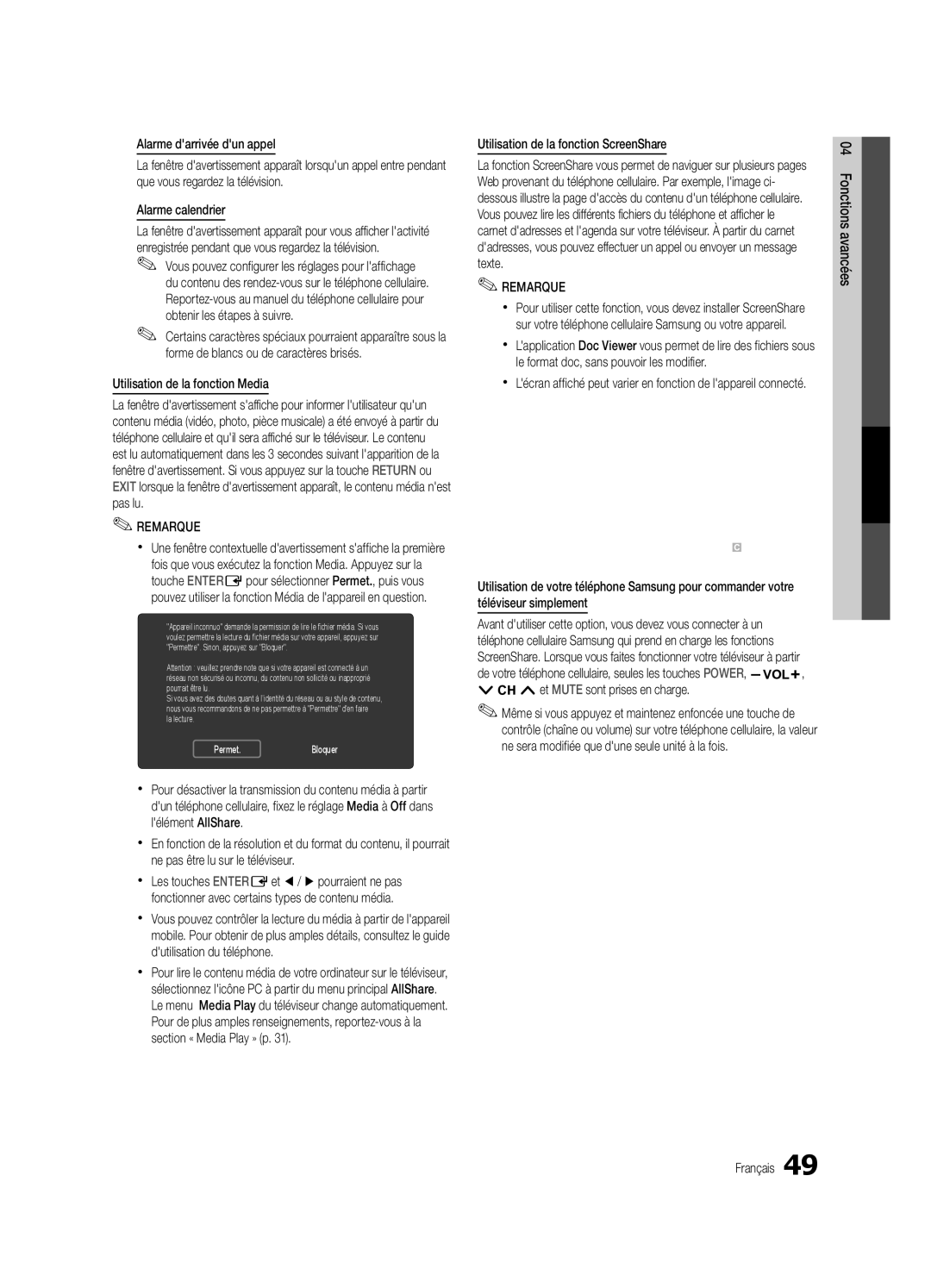 Samsung BN68-02711F-04 user manual Alarme darrivée dun appel, Alarme calendrier, Utilisation de la fonction Media 