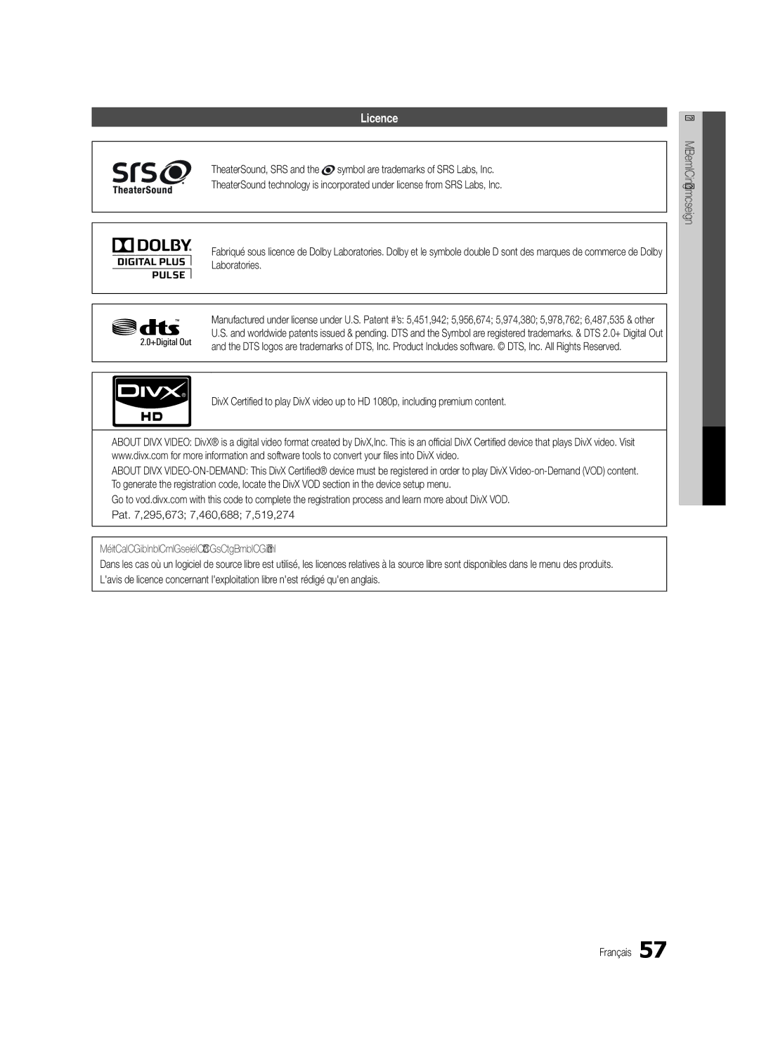 Samsung BN68-02711F-04 user manual Licence, Avis de licence relative à la source libre 