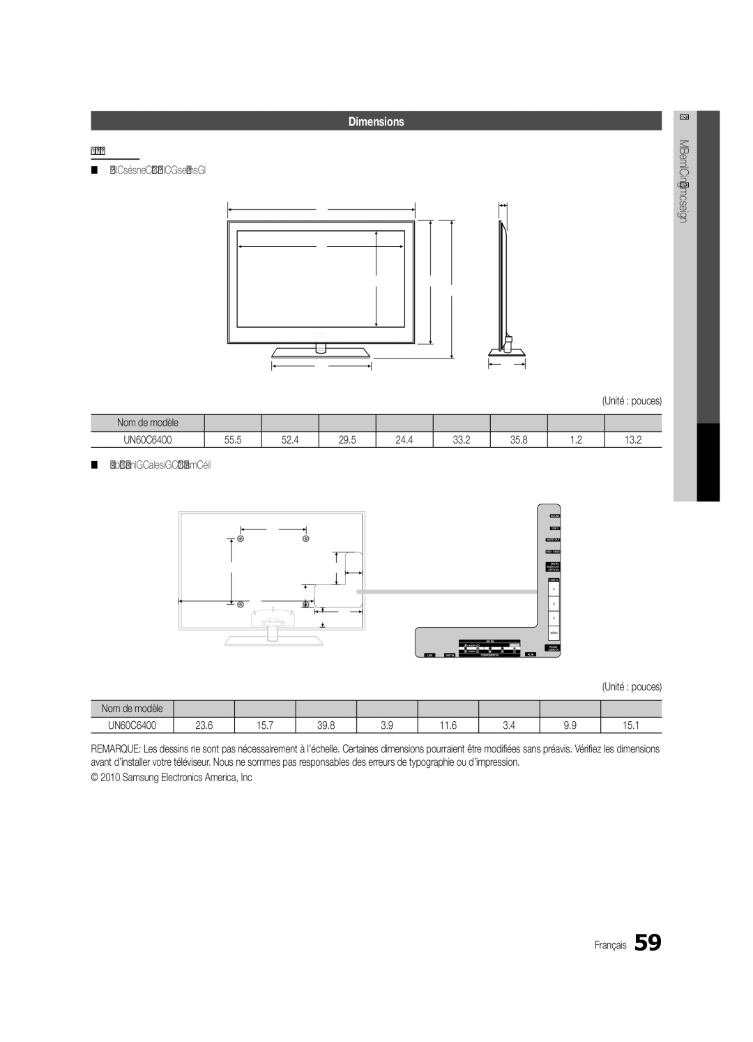 Samsung BN68-02711F-04 user manual UN60C6400 Vue avant / Vue latérale, 23.6 15.7 39.8 11.6 15.1 